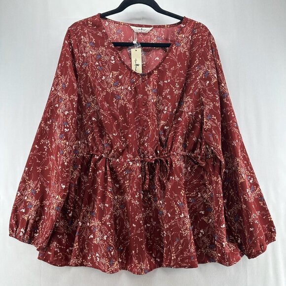Agnes Orinda Tops - Agnes Orinda Blouse Women's Sz 2X Maroon Floral Cinch Peplum Waist Long Sleeves